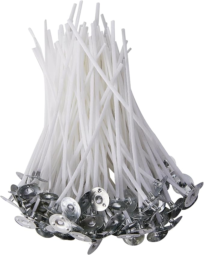 Candle Cotton Wicks, 100 Pieces, White, Pre-Waxed Short Wicks with Metal Sustainer Base for DIY Candle Making (15cm)