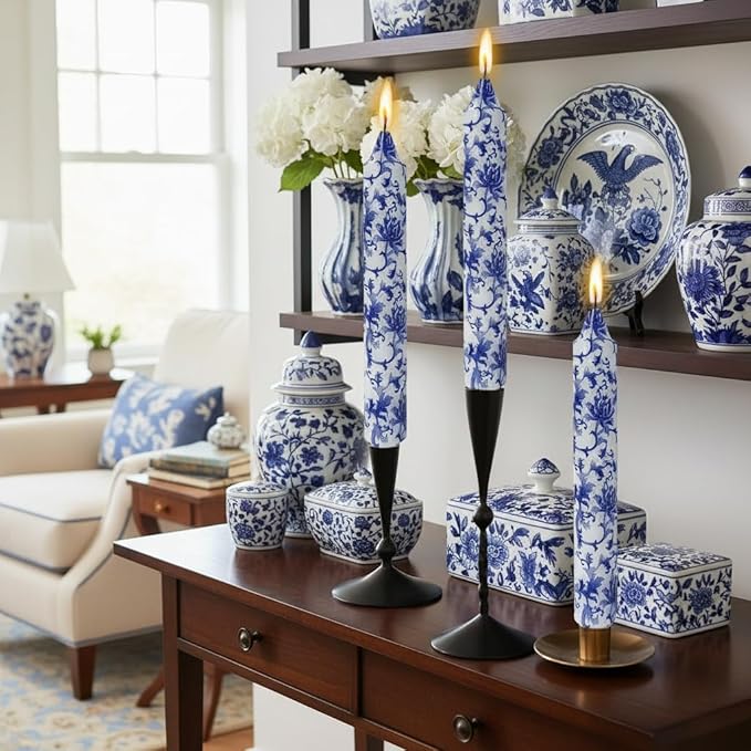Long Blue and White Taper Candles 9 Inch Handmade Porcelain Style Wide Taper Candles Smokeless Unscented Clean Burning for Housewarming Gift New Home Entryway Cozy Hygge Bohemian Style Tall Decor