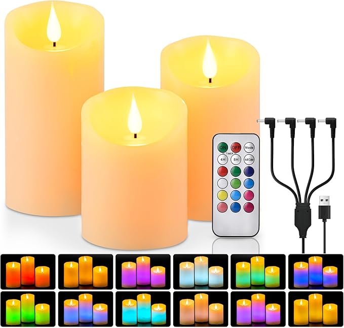 Rechargeable Colored Candles with Remote - LED Pillar Candles with USB Charging Cable, 3D Realistic Flame, Real Wax Flameless Candles for Christmas Decor and Romantic Home Decor – 4" 5" 6" H, 2.95" D
