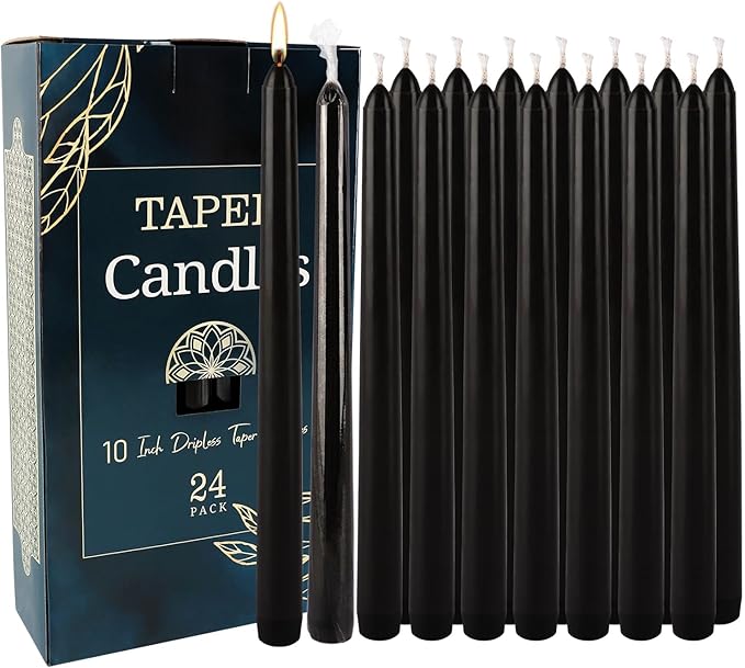 24 Pack Black Taper Candles, 7-8 Hours Burn Time, Unscented, Smokeless and Dripless, 10 Inch Dinner Candle Set for Household, Wedding, Party and Home Décor Candlesticks.
