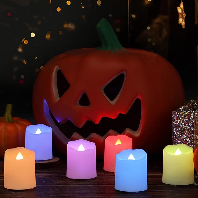 Daord Rechargeable LED Color Changing Tea Lights USB Flameless Warm White Flickering Votive Candles with Remote for Halloween Christmas Romantic Home Decor