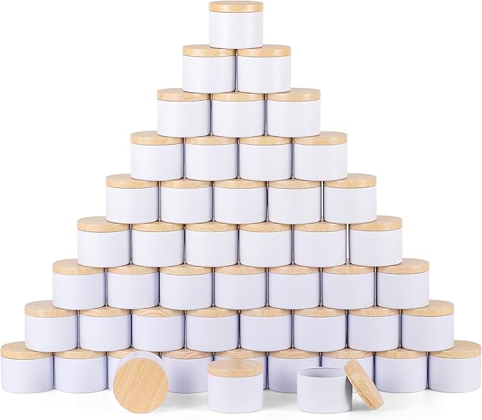 BOTINXIS 48 Pcs 4oz Matte White Candle Tins - Bulk Empty Candle Jars with Wood Grain Lids, Candle Making Kit for Adults