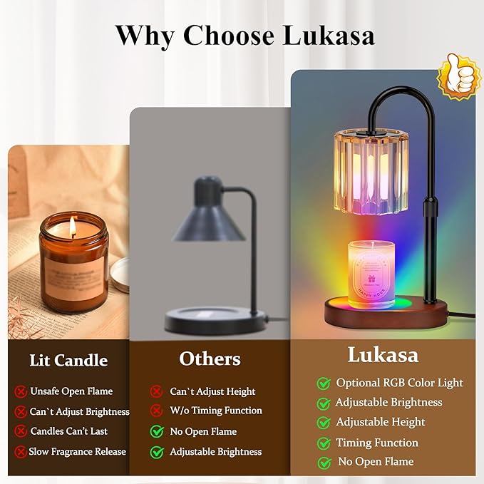 Lukasa Candle Warmer Lamp with Timer, with LED Color Lights, Dimmable, Adjustable Height, House Warming Gifts New Home Decor, Gifts for Women Mom for Birthday Mothers Day Thanksgiving Day Christmas