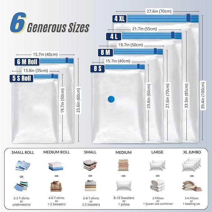 35 Pack Vacuum Storage Bags With Electric Pump, Compression Space Saver for Comforter, Bedding, Blanket Storage, Vacuum Seal Bags for Clothing, Luggage and Closet Organizer