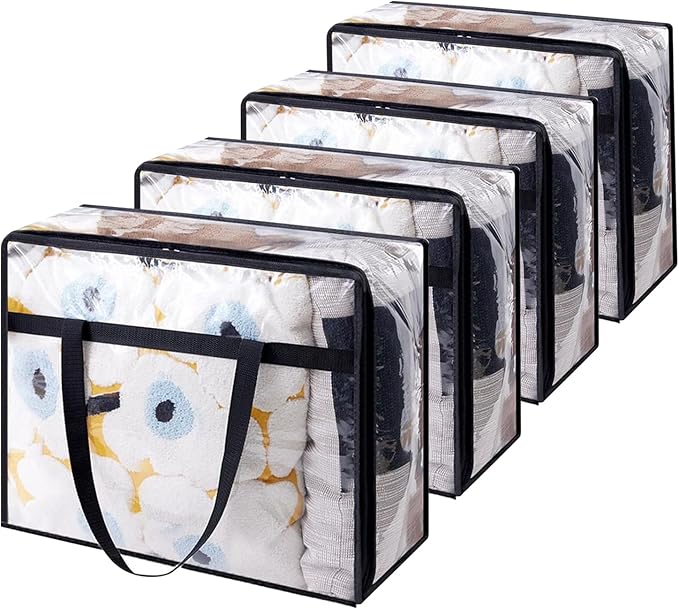 MEETOZ 4 Pack Clear Plastic Storage Bags, 40L Foldable Clothes Storage Boxes, Wardrobe Organizer Moving Bags with Reinforced Handle for Loft Wardrobe for Bedding Clothes