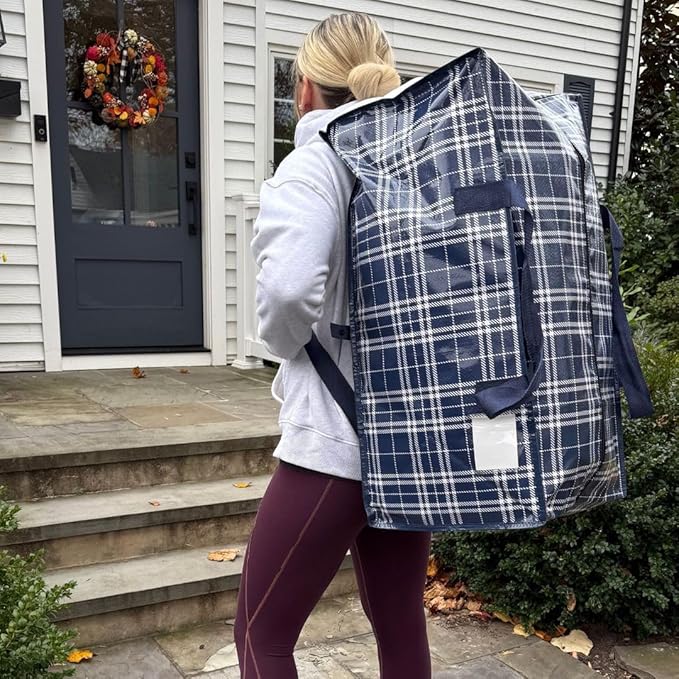 DURASACK Heavy Duty Moving Bag Storage Container Duffle Bag with Zipper, Reinforced Carry Straps and Backpack Straps, Made of Rugged Woven Polypropylene, Pack of 4, Navy Plaid