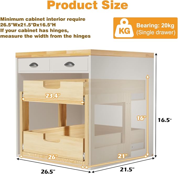 Pull Out Cabinet Organizer, 26''W×21''D Sliding Drawers for Cabinets, 2 Tier Soft Close Slide Out Wooden Pull out Drawers, Base Cabinet Organization for Kitchen, Pantry, Bathroom