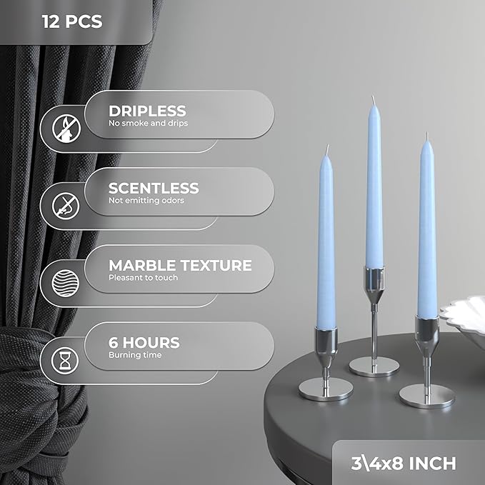 CANDWAX Light Blue 8 inch Taper Candles Set of 12 - Unscented Smokeless Dripless Tall Candlesticks - Perfect for Special Occasions and Ordinary Dinners and as Easter Candles - Light Blue Candle Sticks