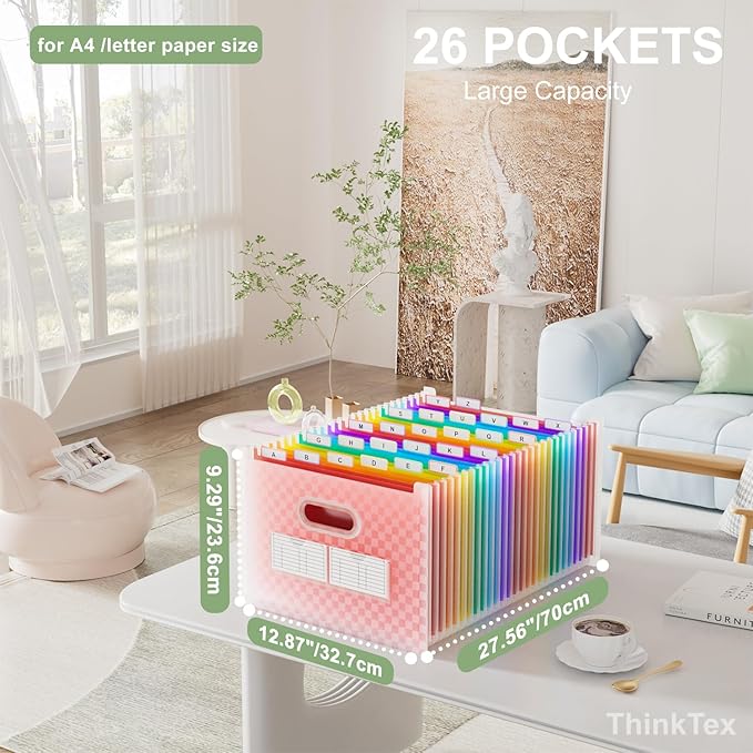 ThinkTex 26 Pockets Expanding File Folder, Upright & Open Top, A-Z Colorful Tabs, Larger Capacity Accordian Folder, Letter/A4 Size for School, Home and Office - Pink