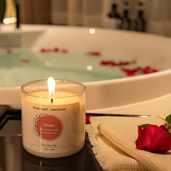 Rose Scented Candle – 100% Natural Soy Wax, Cotton Wick, Odor Eliminating, Soothing Floral Aroma, 12oz, 60 Hour Burn, White – Ideal for Home Decor, Spa, Bath, Parties & Gifts for Men and Women