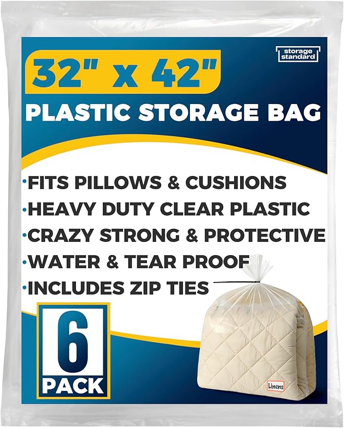 Storage Standard Large Clear Plastic Bags for Storage 6-Pack - Waterproof Extra Large Plastic Bags with Zip Ties, Heavy-Duty Cover for Clothes, Blankets, Linens & Bedding Organization - 32 x 42 Inches