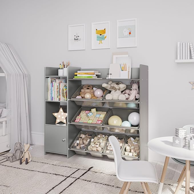 Sturdis Toy Storage Organizer with Bookshelf, Kids Playroom Organization Shelving Unit with Removable Storage Bins & Safety Anti-Tip Bracket, Gray