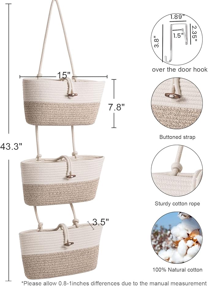 Over the Door Basket Cotton Rope Organizer, 3-Tier Wall Hanging Storage Basket, Closet Organizing, Decorative Baskets for Organizing Living Room—14.5“x7 (Apricot)