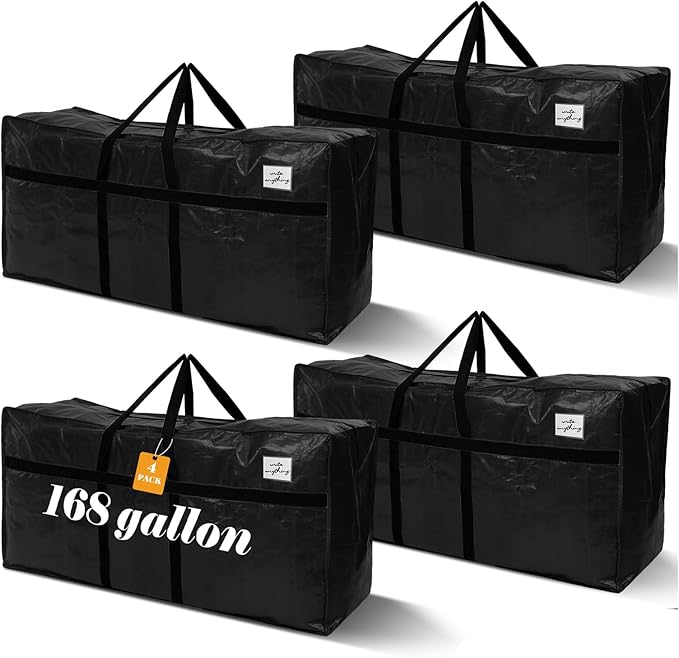 Windyun 4 Pack 168 Gallon Extra Large Moving Bags XXL Heavy Duty Storage Bag with Strong Zipper Handle Jumbo Big Tote Box Foldable for College Dorm Travel Clothes Duffle Blanket Pillow(Black)