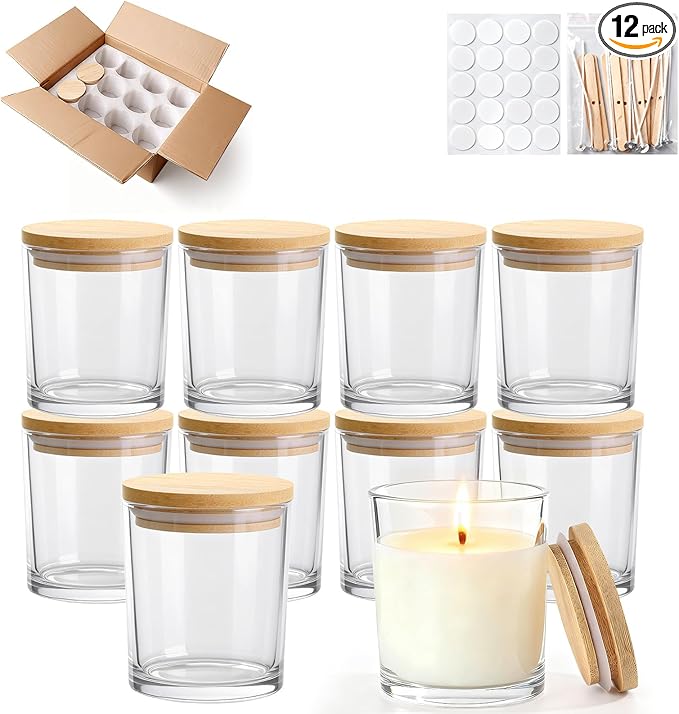 10oz Glass Candle Jars, 12-Pack Candle Jars for Making Candles, Empty Thick Glass Wide-Mouth Jars with Bamboo Lids & Wick Kits, Candle Containers Bulk - Clear