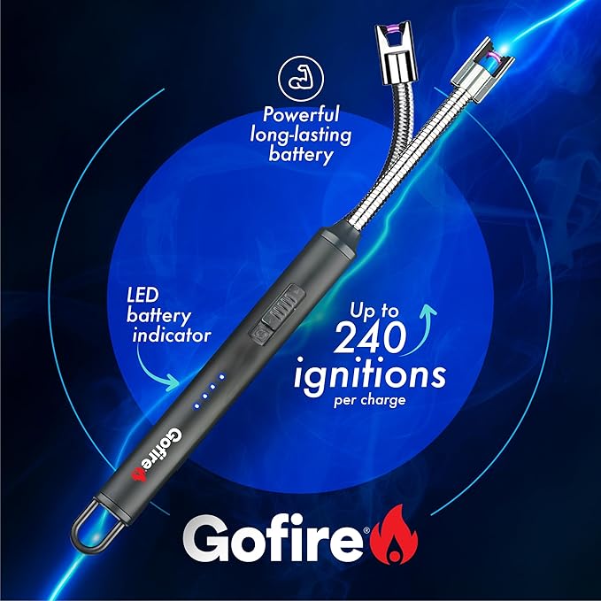 GoFire Rechargeable Electric Lighter - Windproof Flameless Arc, Flexible Neck, USB, Safety Switch