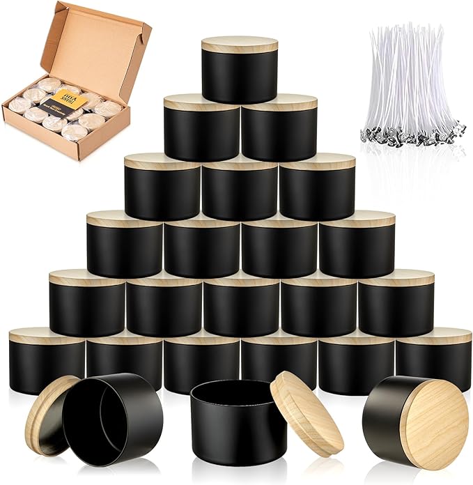 MGLIFEUL Candle Tins Jars Container Vessels for Making 4 8 Oz Black Empty Candle Tins Can Gift Box Packaging Plate with Lids Wax Container Bulk Making DIY Candle Supplies Accessories(Black,8oz,24pcs)