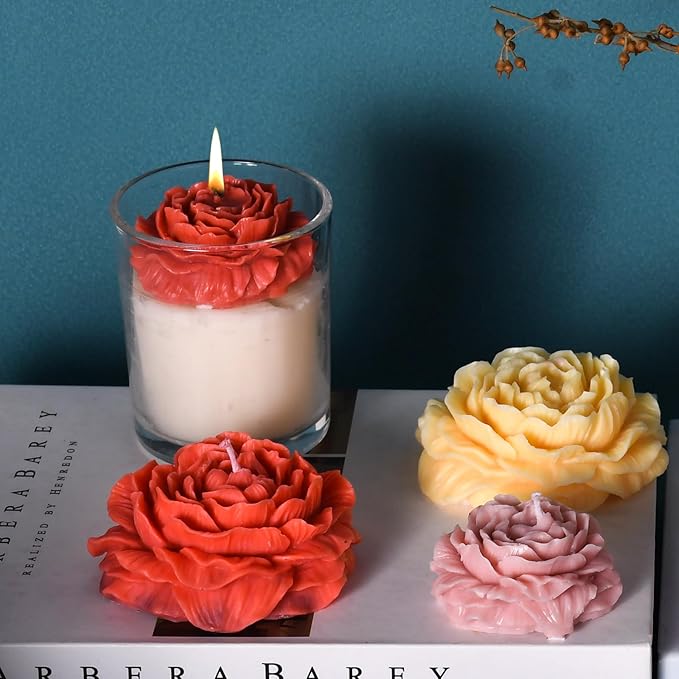 Peony Flower Candle Molds with Wick Pin and 50 Wicks,2PCS Silicone Candle Mold for Candle Making,3D Peony Flower Resin Candle Soap Silicone Molds