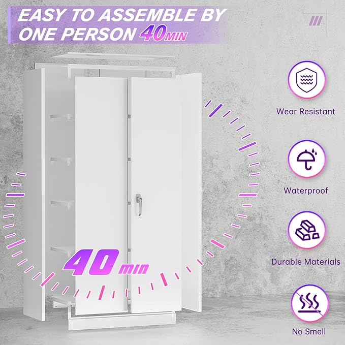 Superday Metal Storage Cabinets, 72" Storage Cabinet with Locking Door, Tall Garage Cabinet with 2 Doors and 4 Adjustable Shelves for Home Office, Classroom, Easy Assemble(White)
