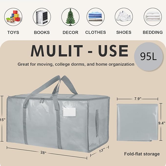 6 Pack-Extra Large Heavy Duty Moving Bags - Waterproof Storage Totes with Handles & Zippers, Foldable for College Dorm, Storage (light gray)