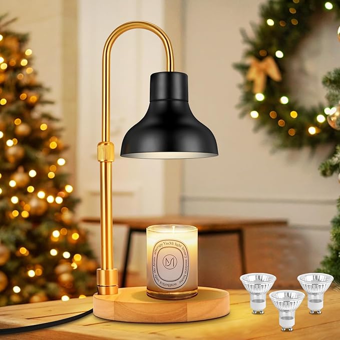 Candle Warmer Lamp Dimmable with Timer and 3 Bulbs, Adjustable Height & Brightness, Electric Candle Wax Warmer for Jar Candles, House Warming Gifts New Home Decor (Black)
