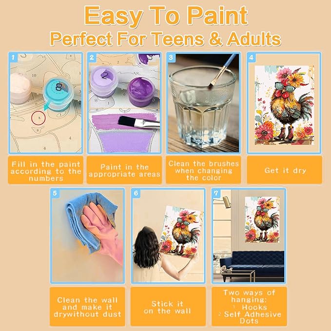 Meothan Framed Paint by Numbers Kits for Adults, Hen Chicken Adults Paint by Number with Framed on Canvas for Home Wall Decor 12x16inch (with Easel)