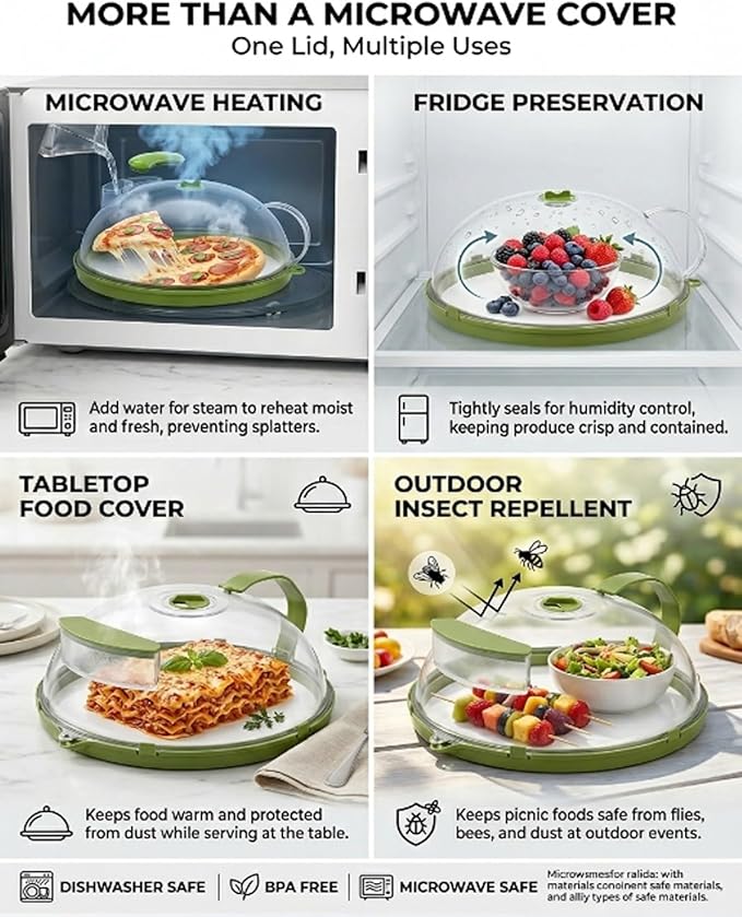 Microwave Splatter Cover Glass Microwave Cover for Food with Water Steamer with Water Steamer Integrated Handle Prevent Food from Drying Dish Bowl Plate Serving Covers Kitchen Gadgets Accessories