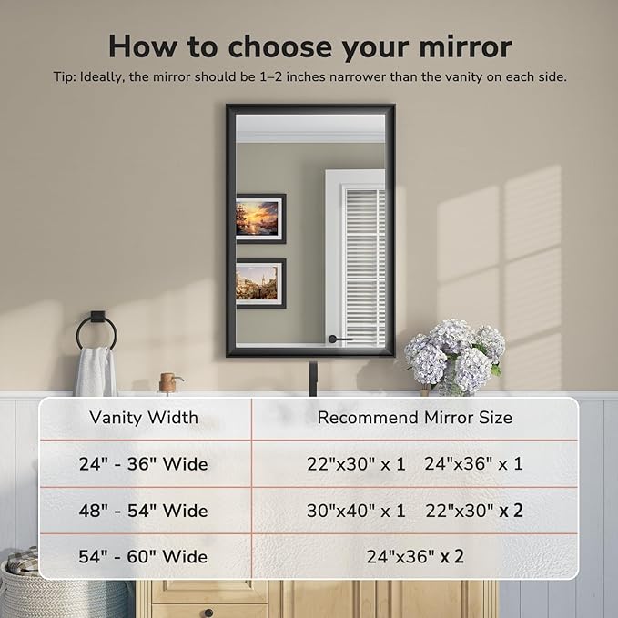USHOWER Black Bathroom Mirrors for Over Sink 24x36 Inch, Metal Framed Rectangle Vanity Mirror for Wall, Bedroom, Living Room, Entryway, Farmhouse, Anti-Rust, HD Tempered Glass, Horizontal/Vertical