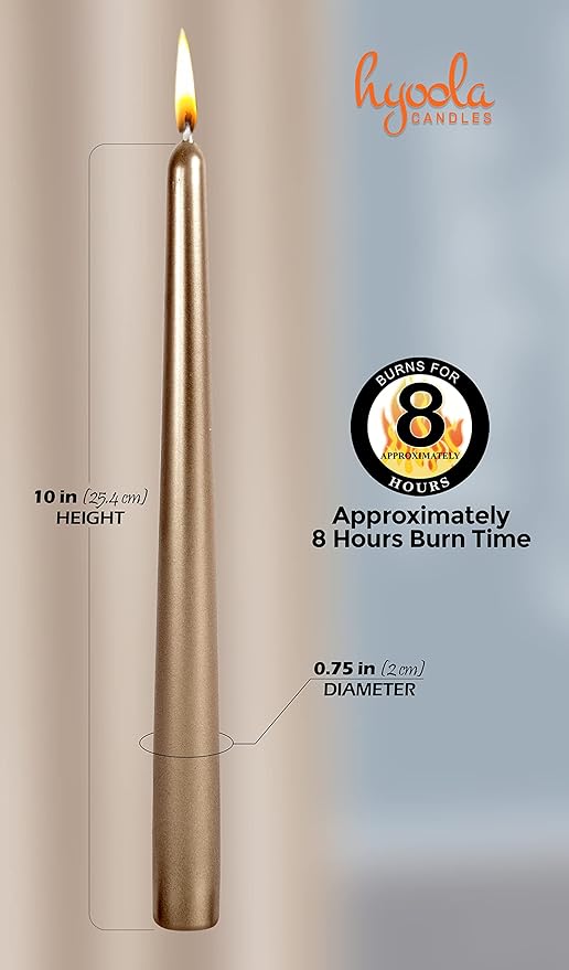 Hyoola Tall Metallic Antique Gold Taper Candles - 10 Inch - Dripless - 12 Pack - 8 Hour Burn Time