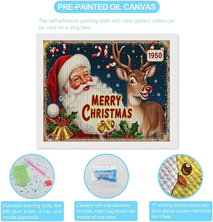 AIVKIEJK Diamond Painting Kits for Adults - Christmas 1950 Santa Claus and Deer Painting DIY 5D Full Drill Diamond Dots Paintings with Diamonds Gem Art and Crafts Home Decor 16"x20"