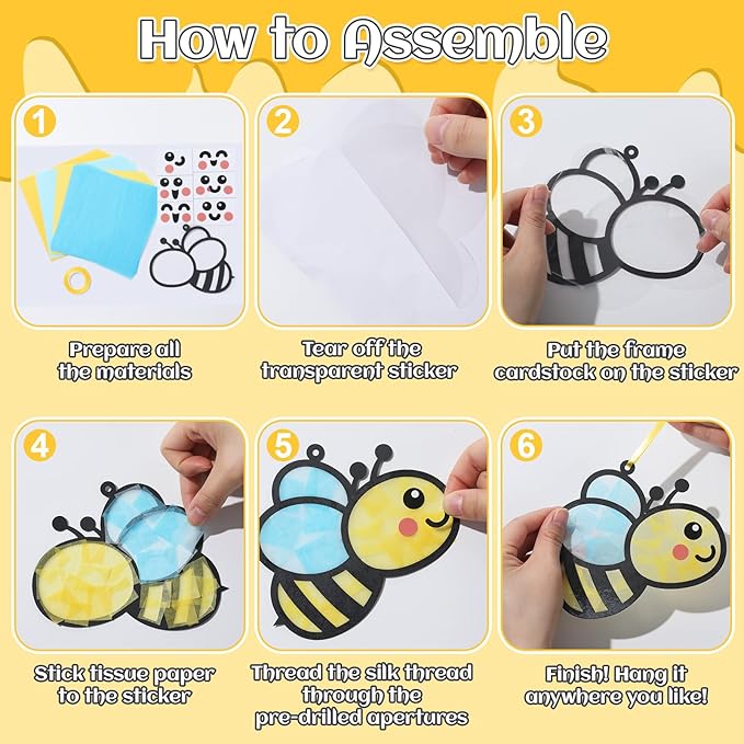 Qyeahkj 36 Set Spring Bee Suncatchers Crafts for Kids DIY Insect Bug Window Tissue Paper Craft Kit Hanging Decor for Classroom Home Activity Art Project Birthday Party Favor