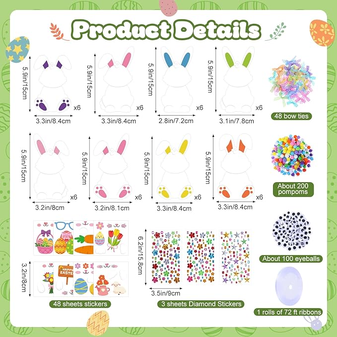 Funrous 48 Sets Easter Crafts Kit Easter Bunny Paper Crafts DIY Make Your Own Rabbits Hanging Ornaments Decorations with Pompoms Diamond Stickers Spring Classroom Activity Arts Gifts Party Favors