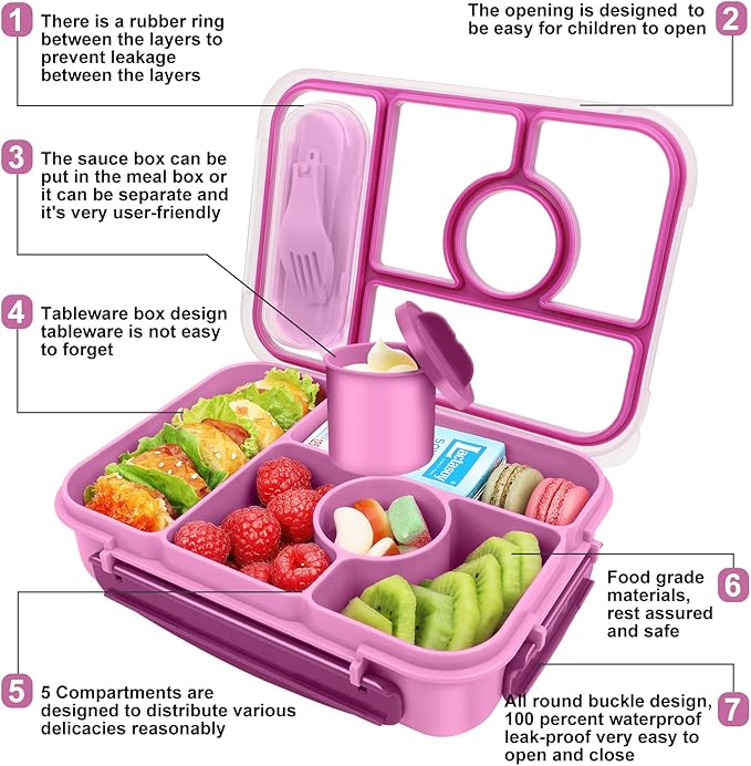 Lunch Box Kids,Bento Box Adult,Lunch Containers for Adults/Kids/Toddler,5 Compartments Bento Lunch Box with Sauce Vontainers,Microwave & Dishwasher & Freezer Safe(Purple)