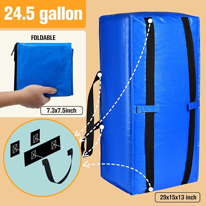 Moving Bags, Storage Totes, Extra Large Storage Bags for Moving Supplies, College Dorm Essentials, Bedroom Closet, Packing Bags with Backpack Handles Zipper Compatible with IKEA Frakta Cart（8 Pack）