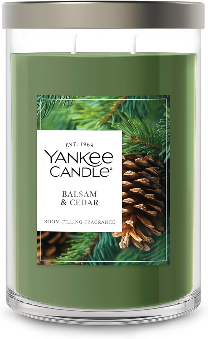 Yankee Candle Large Tumbler Scented Candle with up to 80 Hour Burn Time, Premium Plant Wax Blend for Consistent Burn, 20 oz Tumbler Candle with Room Filling Fragrance, Balsam & Cedar