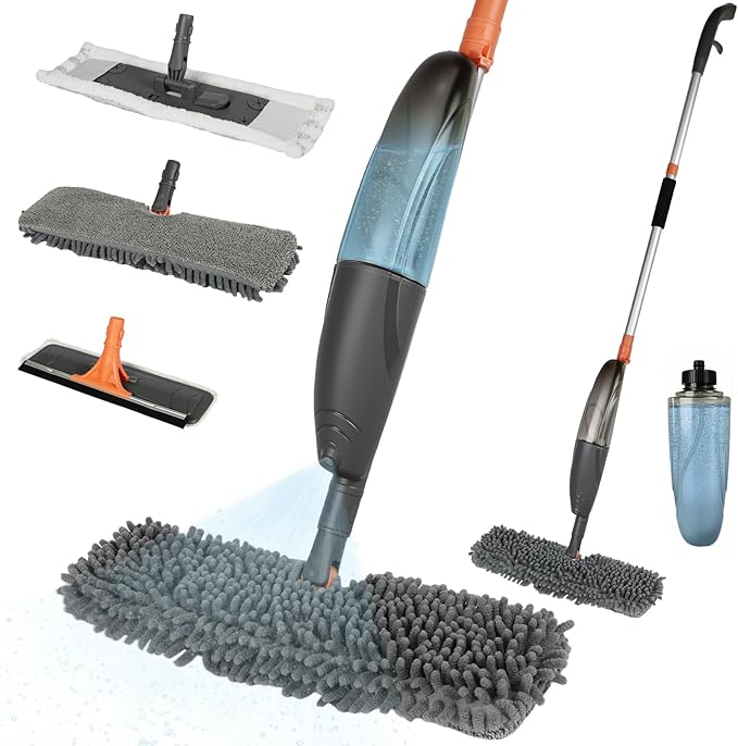 3-in-1 Upgraded Spray Mops for Floor & Window Cleaning with 3pcs Pads - Broom/ Mop/ Window Squeegee, Wet Dry Microfiber Mop with 520ml Bottle for Kitchen Wood Floor Hardwood Ceramic Tile Dust Cleaning