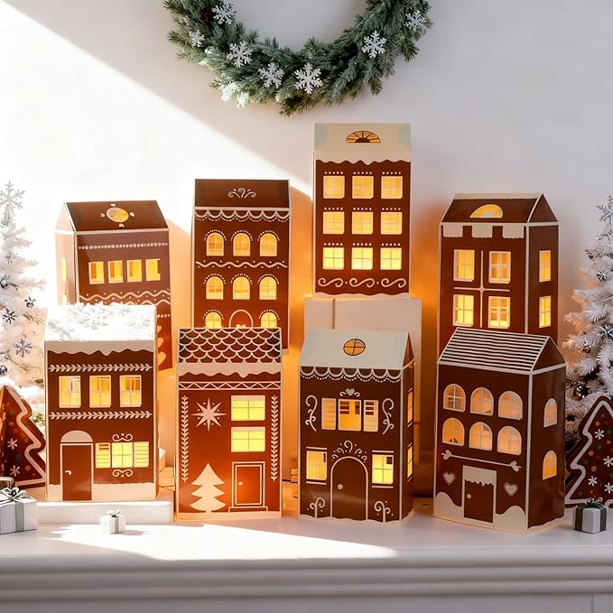 Reallnaive 20 Pcs Large 8" Christmas Cardboard Village Houses Set Xmas DIY Village Houses with LED Candle Paper Home and Tree Figurine Scene Desktop Ornament for Home Party Decor(Gingerbread,Brown)