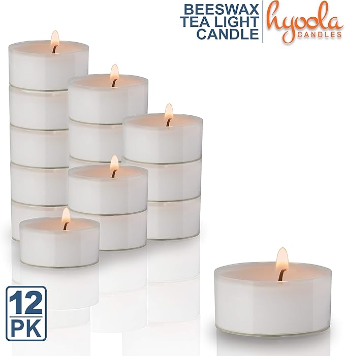 Hyoola Pure White Beeswax Tea Lights, Handmade Decorative Unscented, Tealight Candles, 4 Hour Burn Time, Clear Cup (Pack of 12)