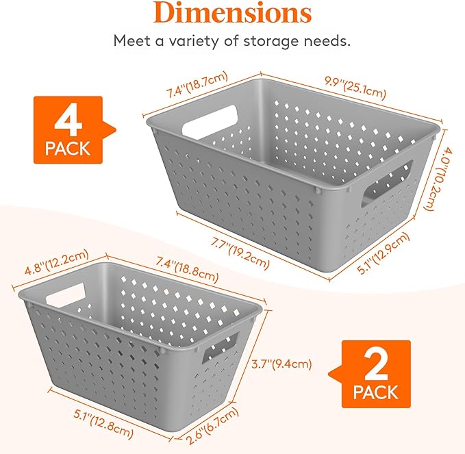 Lifewit Plastic Storage Basket for Organizing, 6 Pack Stackable Open Containers, Multi Size Storage Bins for Shelving, Pantry, Office and Cabinet, 4 Large and 2 Small Size, Gray