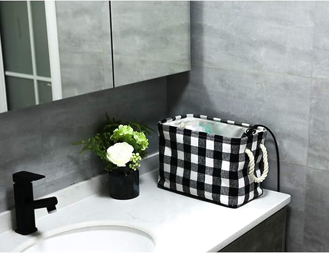 Round Collapsible Storage Organizer Bins Buffalo Checked Baskets with Woolen Fabric Kid's Pet's Toys and Accessory Storage Bins for Home Decor, White Black Grid, M