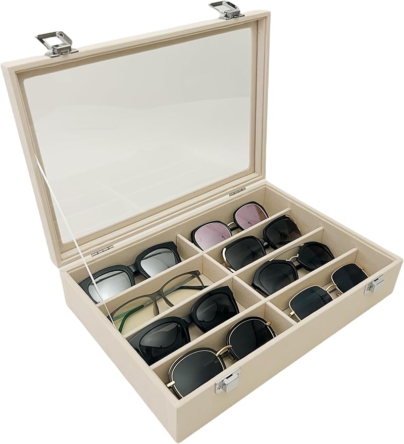 Large Beige Premium Quality Velvet Jewelry Display Box Tray Stackable Practical Trade Show Home Store Eyewear Tray with Glass Lid