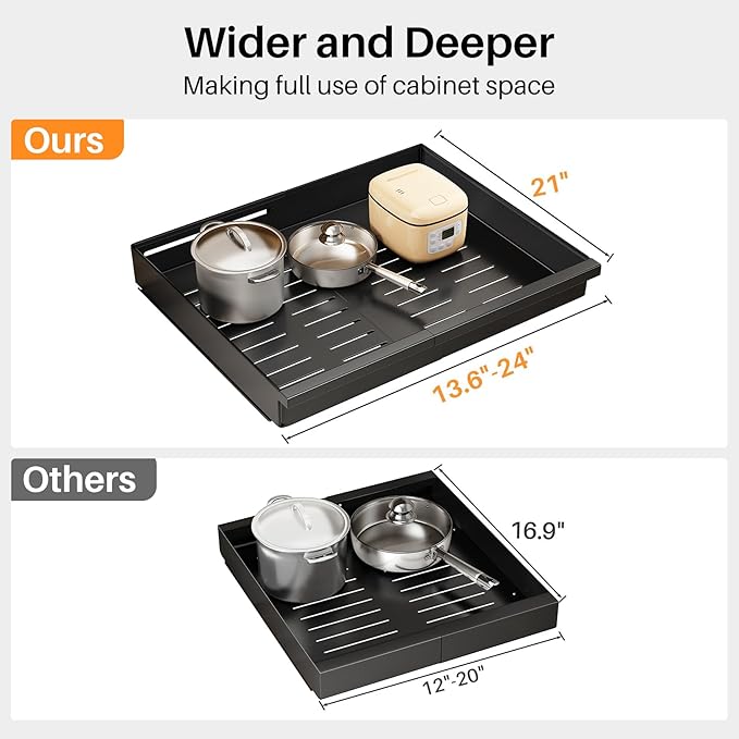 Pull out Cabinet Organizer, 1-Pack Expandable(13.6"-24") Silde out Drawers with Raising Pad for Framed Cabinets, Adjustable Full-Extension Adhesive Roll out Shelves for Kitchen Pantry Home Pot and Pan