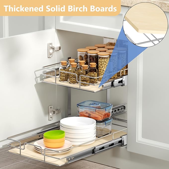 ROOMTEC 2 Tier Individual Pull Out Cabinet Organizer 13½"W x 21½"D, Slide Out Wood Shelves Organizers, Pull Out Drawers Organization and Storage for Kitchen Cabinet