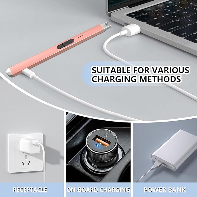 Electric Candle Lighter, Rechageable Arc Lighters for Camping, Long Lighter with Safety Switch & LED Battery Display, Windproof & Flameless lighters for BBQ, Grill (Rose Gold)