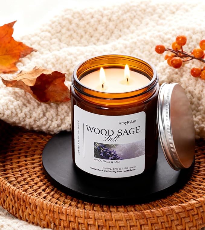 2 Wicks 17oz Large Non-Toxic Soy Wax Scented Candle, Wood Sage & Salt 120 Hours of Burn Time, Long Lasting Candle for Gift, Cost-Effective Candle for Home Fragrance, Aromatherapy