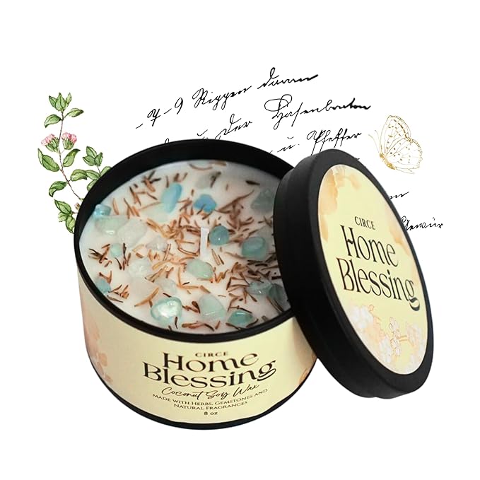 Circe Spell Candle “Home Blessing” Coconut Soy Wax Candle Jar – Premium Hand Poured & Long Burning – Herbs, Crystals & Natural Fragrance Oils- Peaceful, Cleansed & Loving Space - Self Care, Gift- 8oz