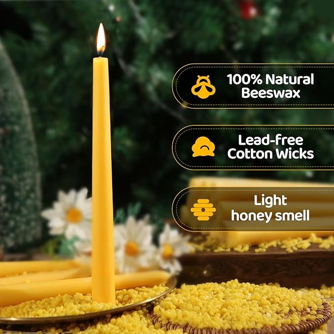 10 in Beeswax Taper Candles,12Pack Dripless Pure Beeswax Candle Sticks,9 Hours Long Burning Natural Bees Wax Candles for Home,Unscented Smokeless Tapered Candlesticks for Dinner