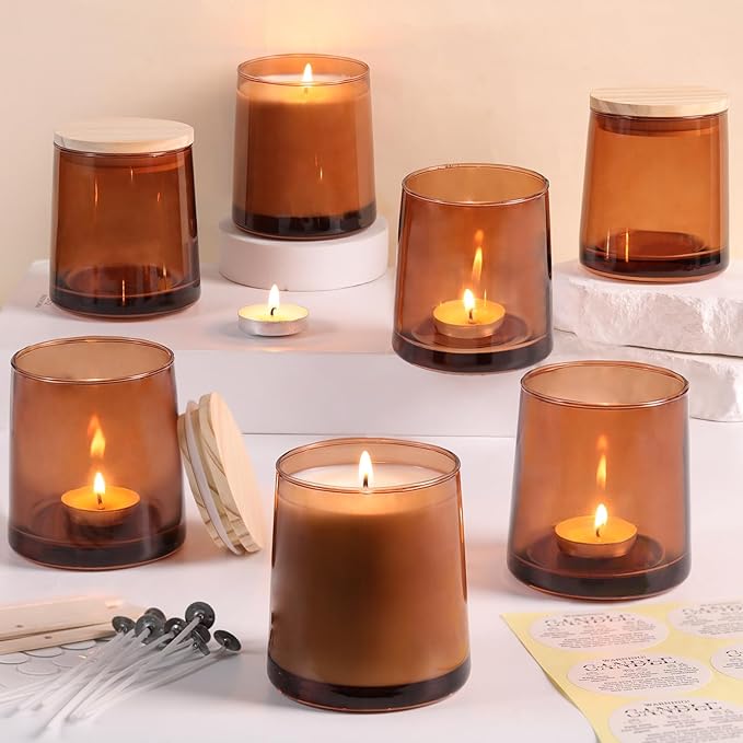 DARJEN 12 Pack Amber Candle Jars for Making Candles- 9 OZ Empty Glass Candle Making Jars with Making Kits, Candle Making Supplies Candle Containers for Home DIY & GIFS