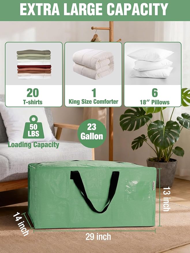 WORKPRO 10 Pack Extra Large Moving Bags with Zippers & Carrying Handles Backpack Straps, Heavy-Duty Storage Tote for Space Saving & Storage, Alternative to Moving Box (Green)