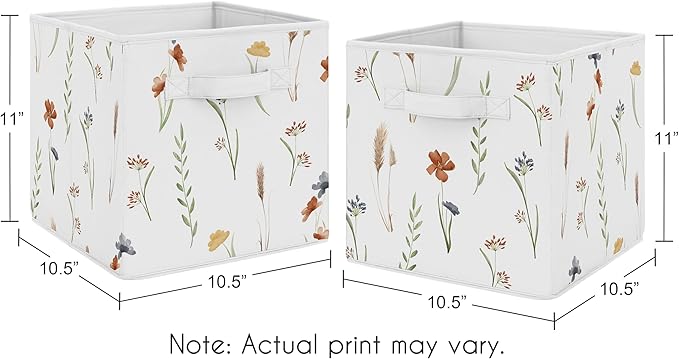 Sweet Jojo Designs Boho Floral Garden Flower Girl Collapsible Fabric Storage Cubes Foldable Bins Organizer Boxes Kid Baby Childrens Toy Set of 2 Watercolor Bohemian Farmhouse Vintage Shabby Chic Green